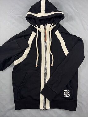 Loewe Hoodie Men's Medium Black Full Zip Contrast Trim Logo Embroidered Knit